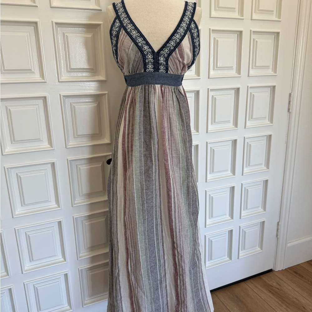 THML Striped Maxi Dress in Mauve, Gray and Cream with Embroidered Navy Trim